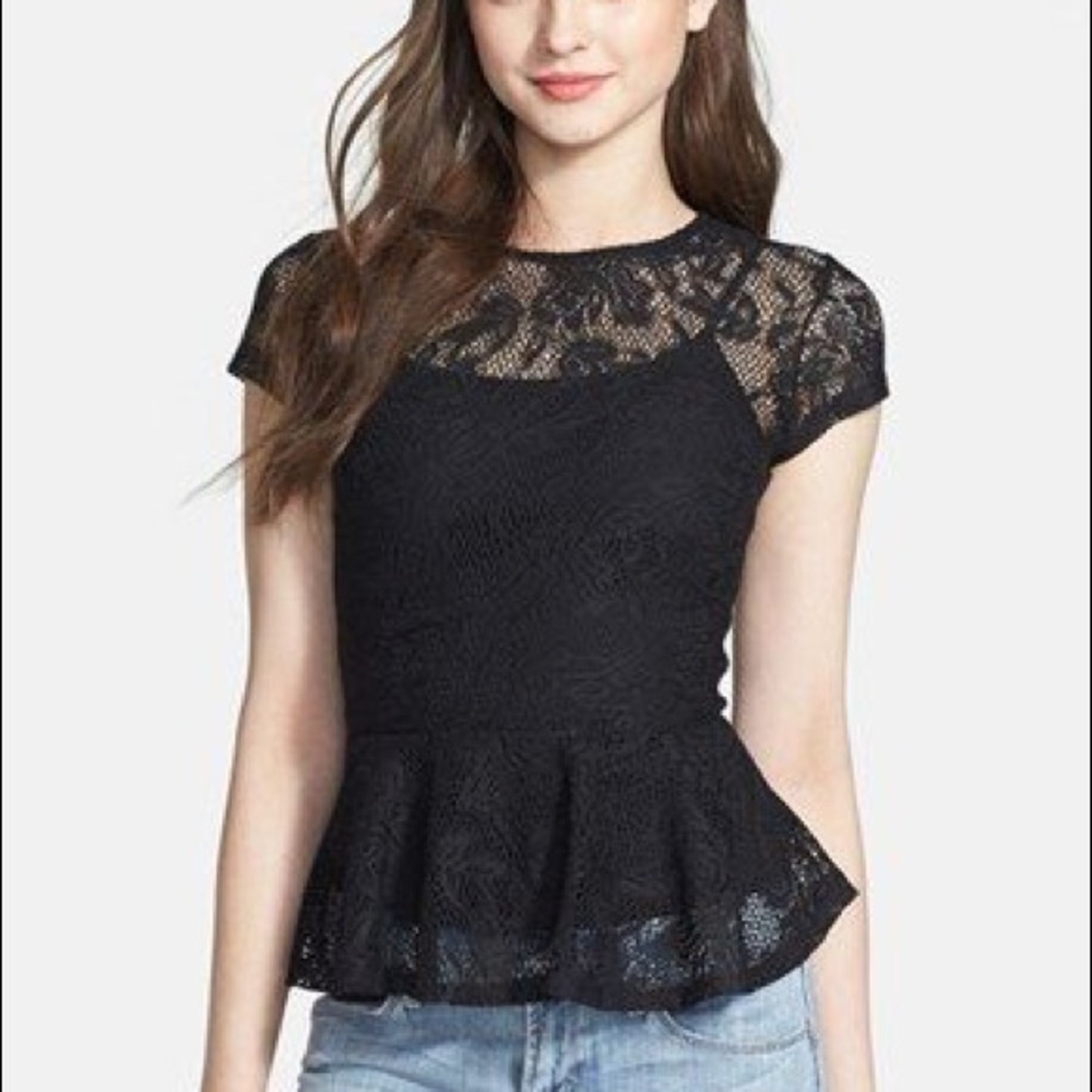 Mimi Chica black sheer lace peplum top zip back - Picture 1 of 5